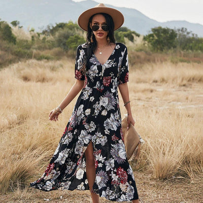 Robe de Plage Florale d'Été avec Décolleté en V et Taille Élastique