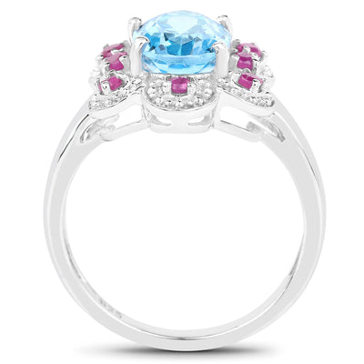 Bague en argent sterling avec topaze bleue suisse et rubis de 2,28 carats