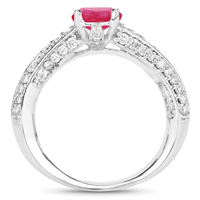 1.49 Carat Genuine Ruby and White Diamond 14K White Gold Engagement Ring