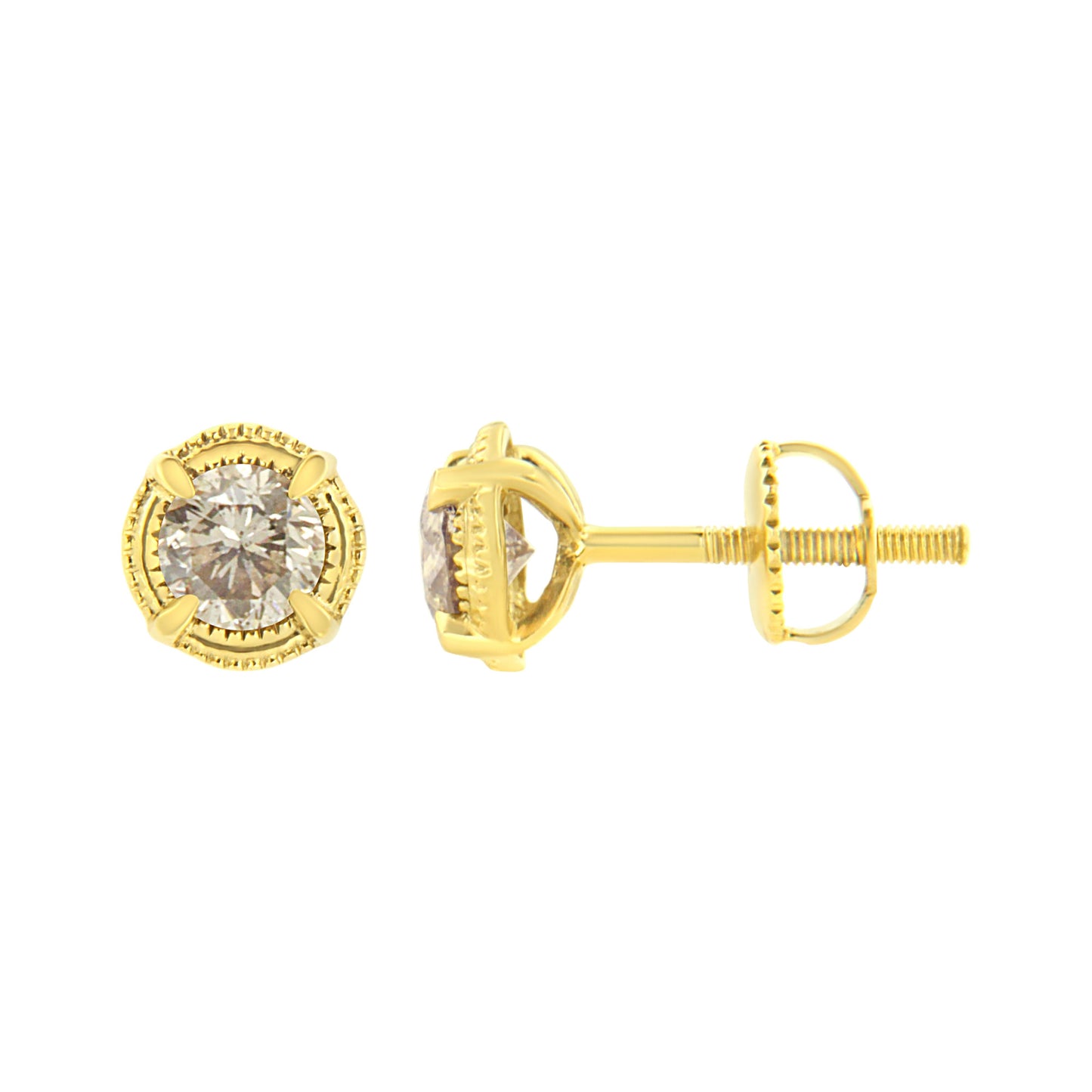 Boucles d'oreilles clous en argent sterling plaqué or jaune 14K avec diamant solitaire