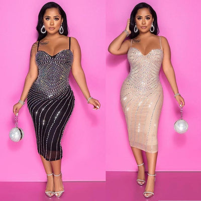Women's Rhinestone Mesh Dress with Tight Braces