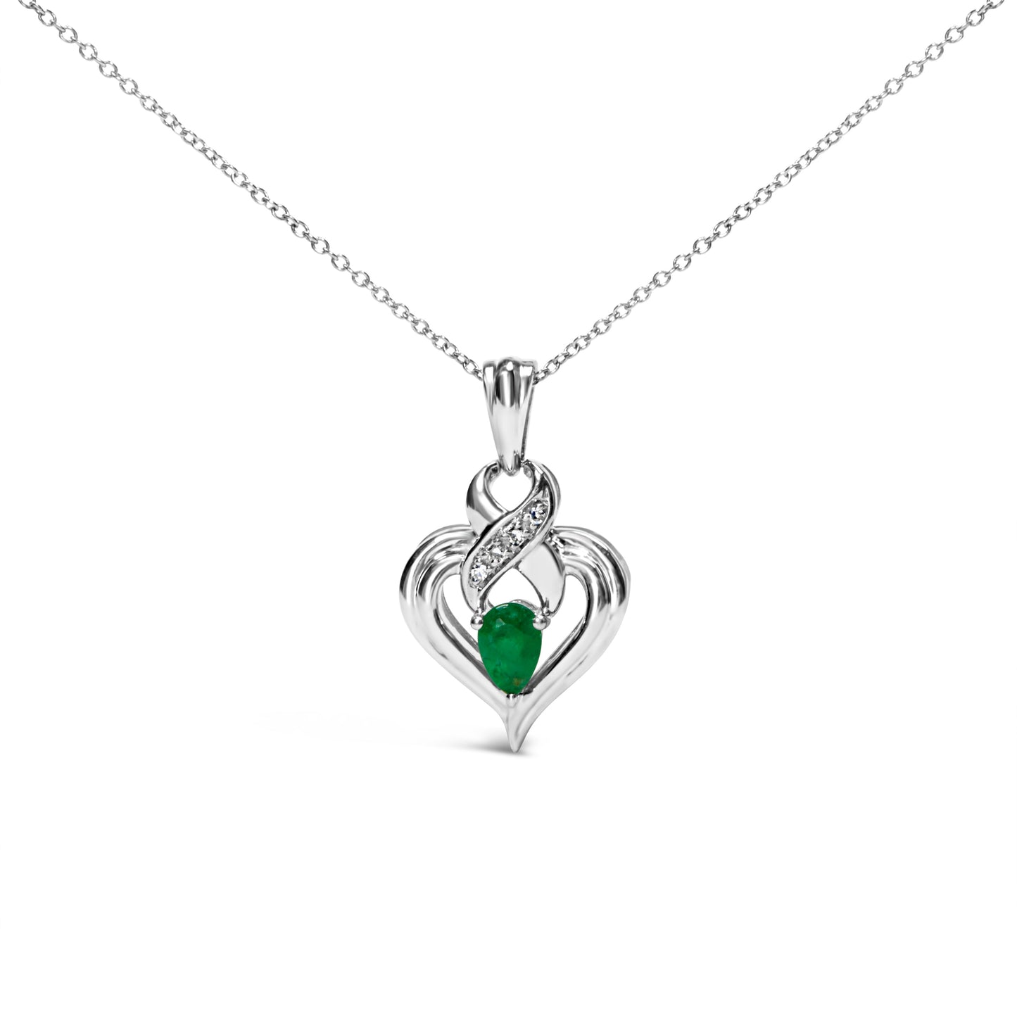 Collier Pendentif Cœur en Émeraude et Diamant en Argent Sterling .925 - 18 Pouces