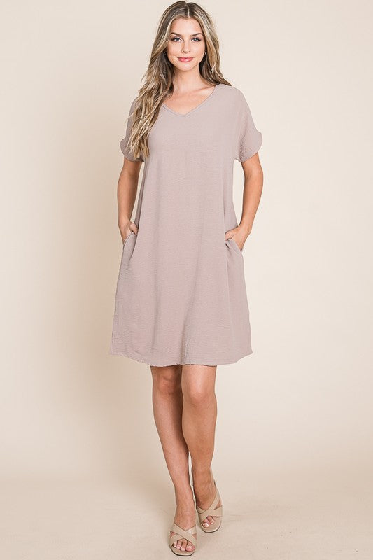 V-Neck Short Sleeve Dress with Pockets for Women