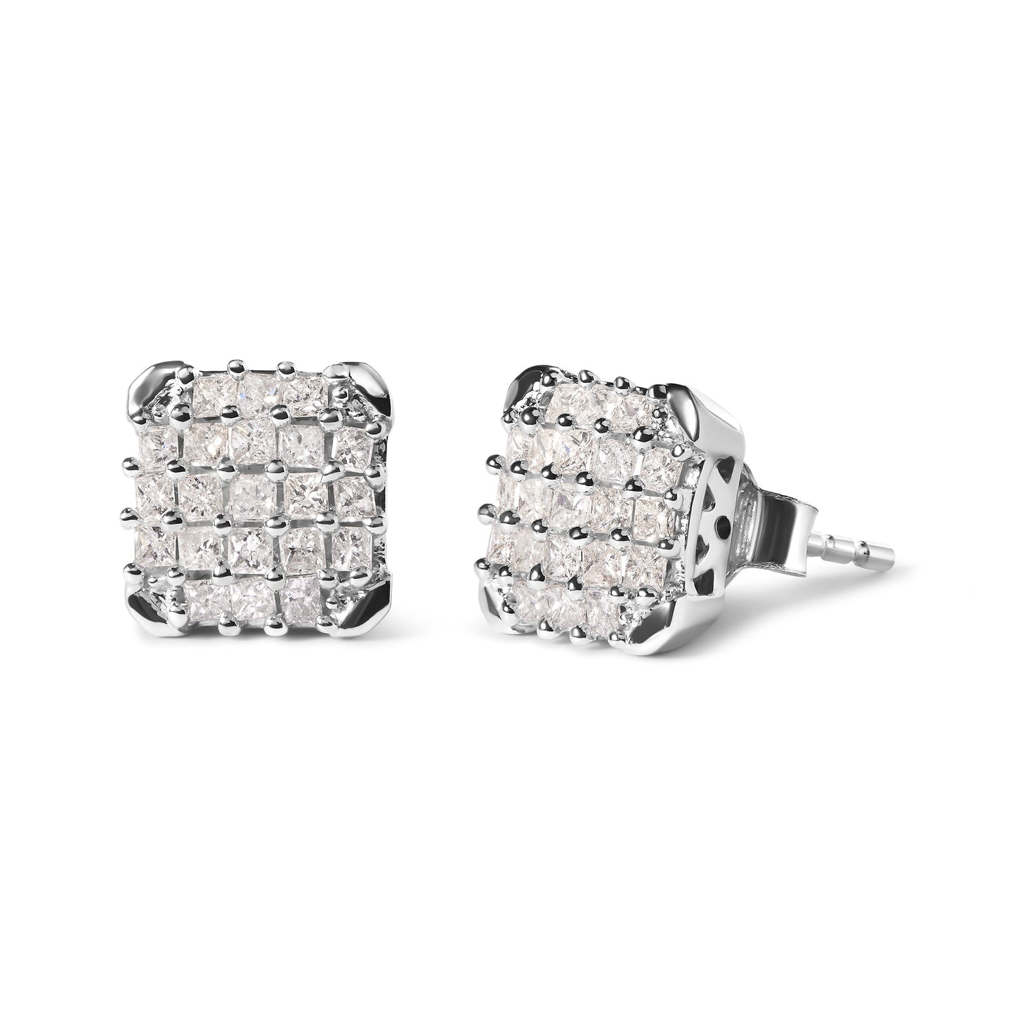 10K White Gold Princess Diamond Composite Stud Earrings