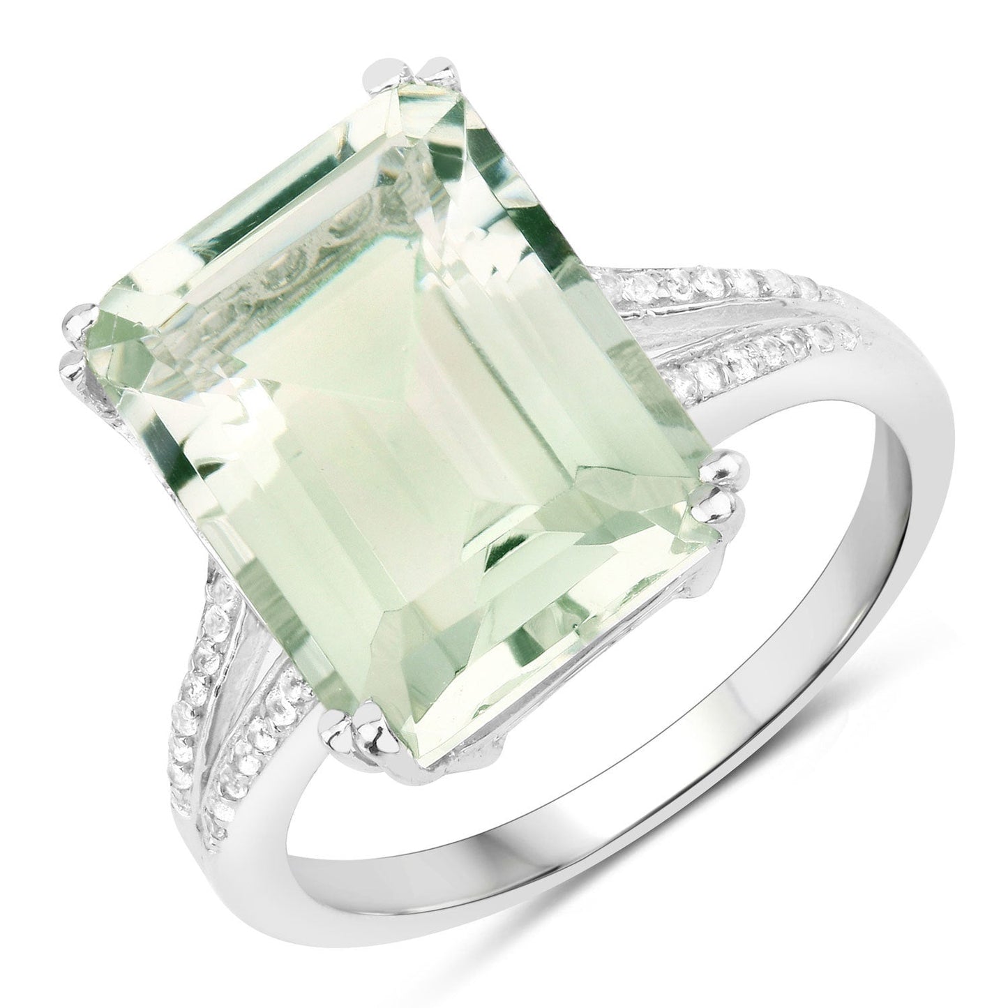 Anillo de Plata Esterlina con Amatista Verde de 10.64 Quilates y Topacio Blanco