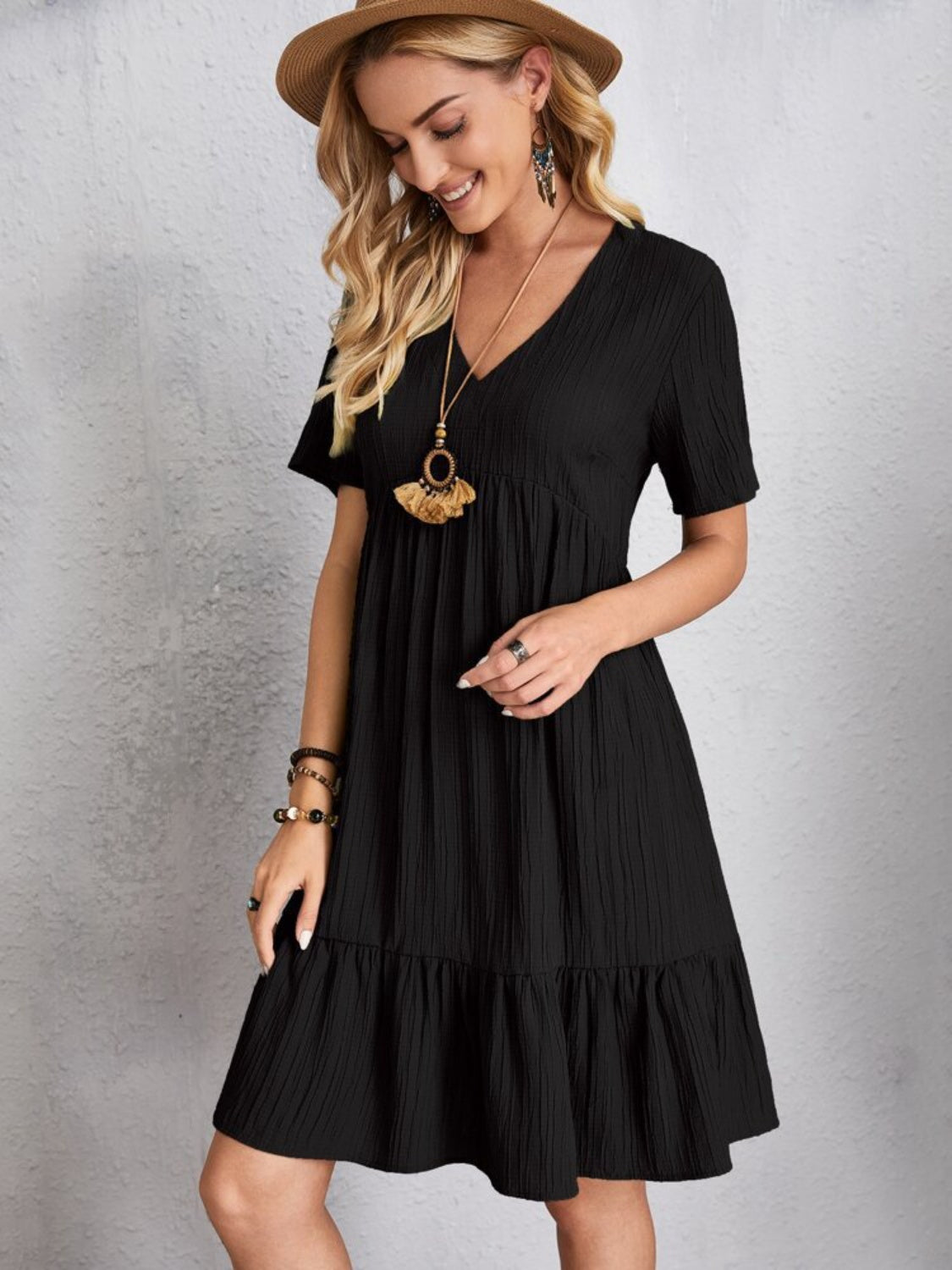 Vestido Clásico de Cuello en V de Manga Corta para Mujeres