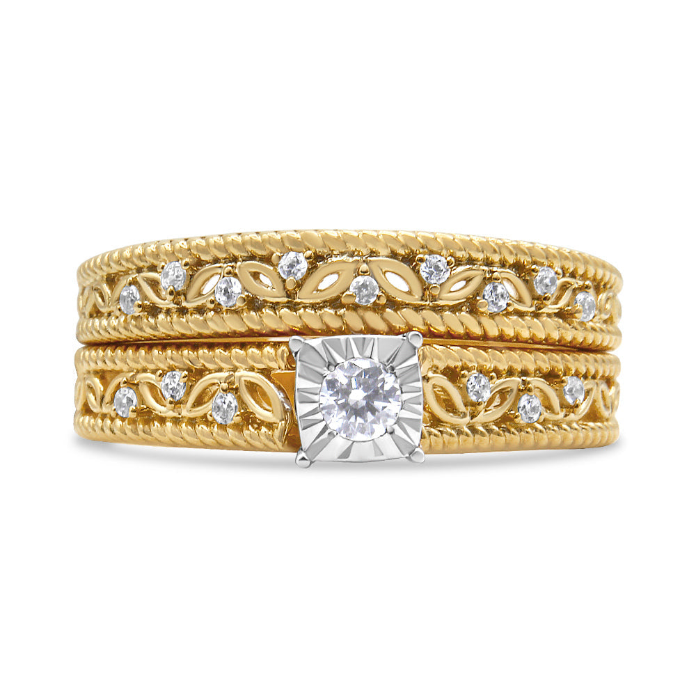 Anillo de Compromiso Art Deco de Plata Esterlina .925 Baño de Oro Amarillo de 14K