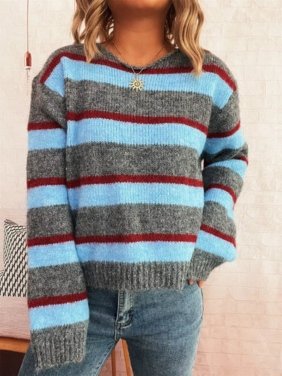 Chic Striped Long Sleeve Sweater with Round Neck - Korvel