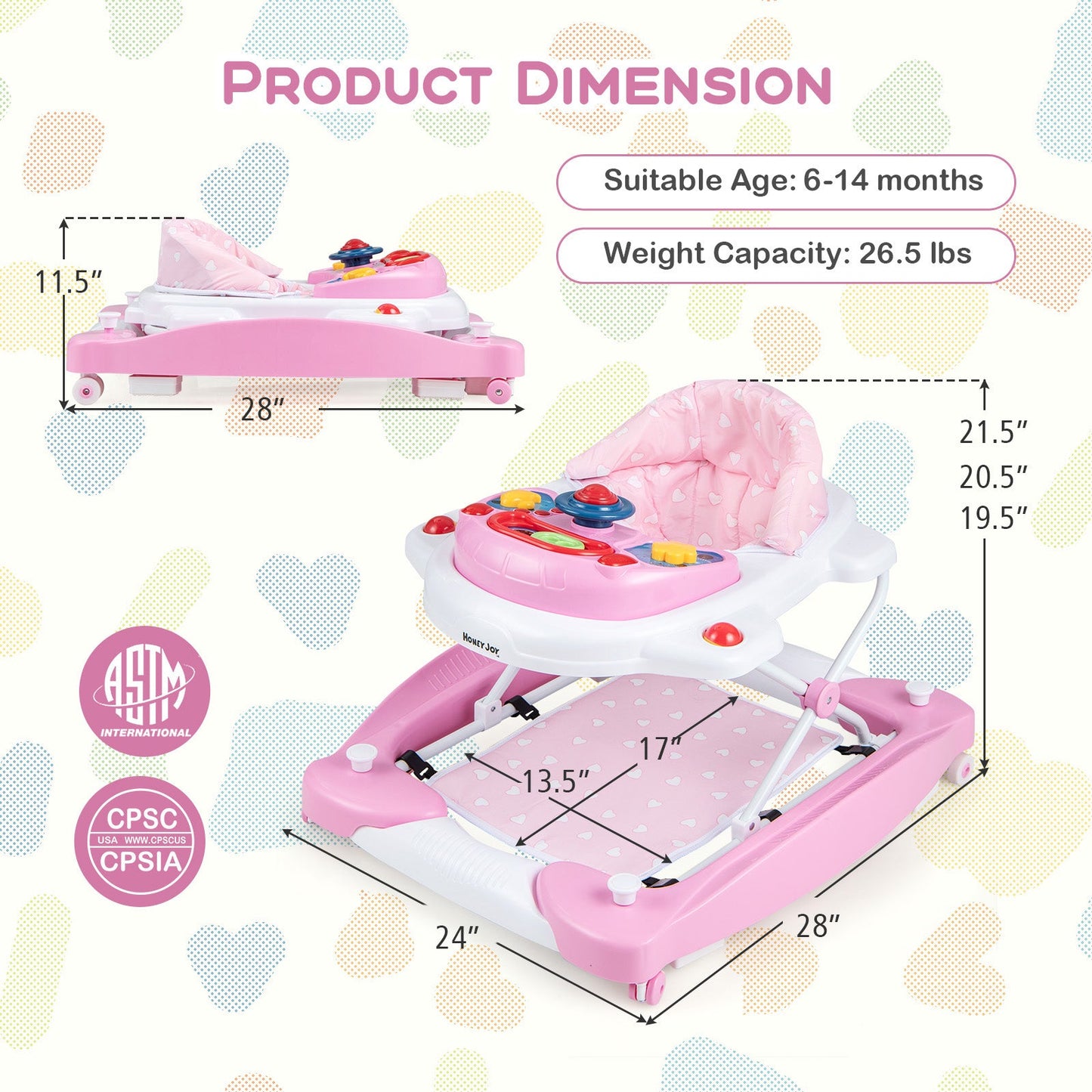 Andador para bebés plegable y ajustable en altura 6 en 1 - Rosa