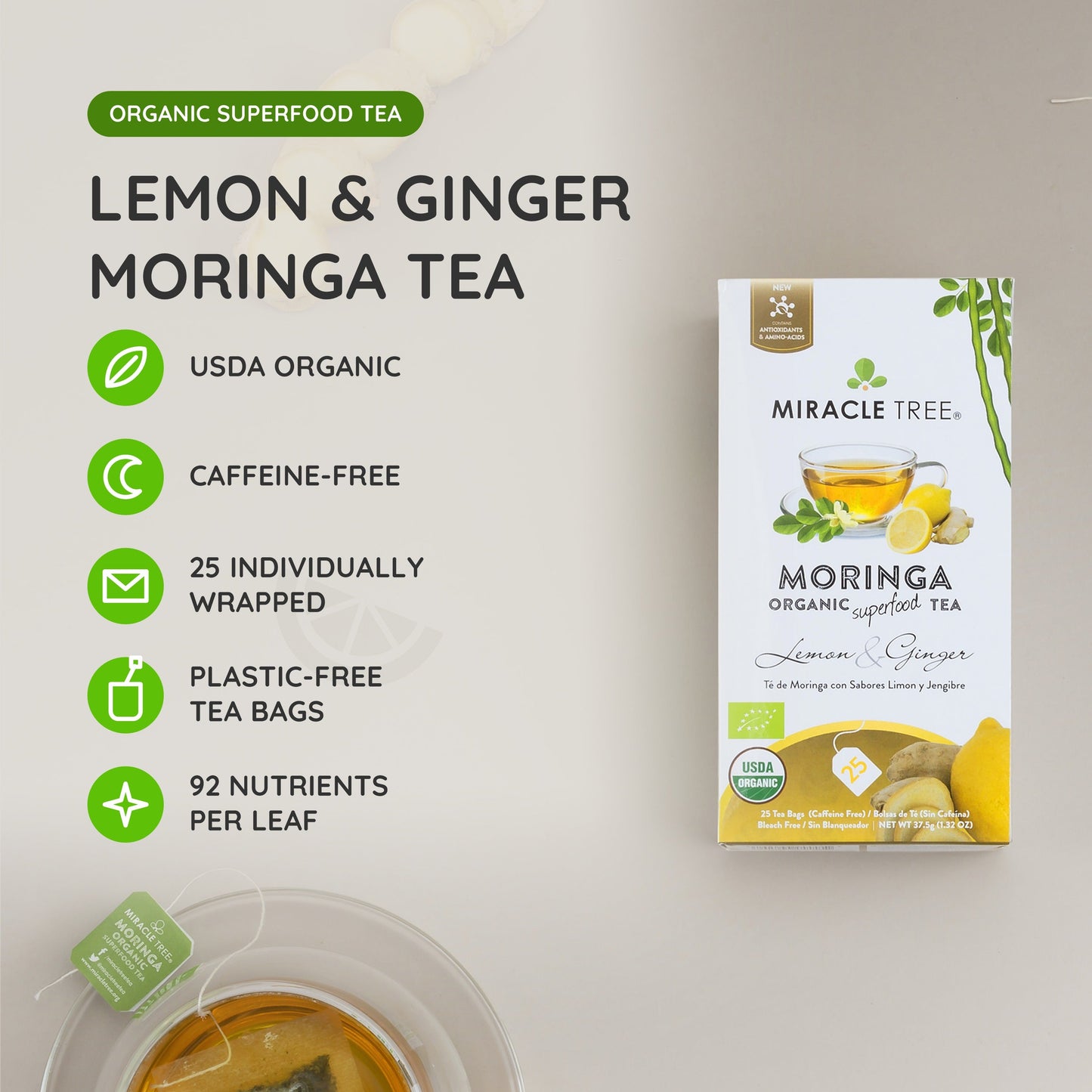 Thé Moringa Bio avec Citron et Gingembre