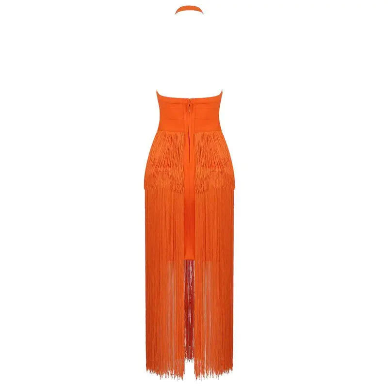 Robe dos nu à col halter avec franges
