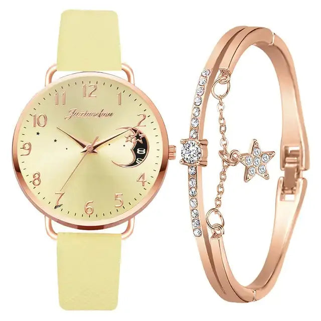 Conjunto de Reloj y Pulsera con Números de Luna