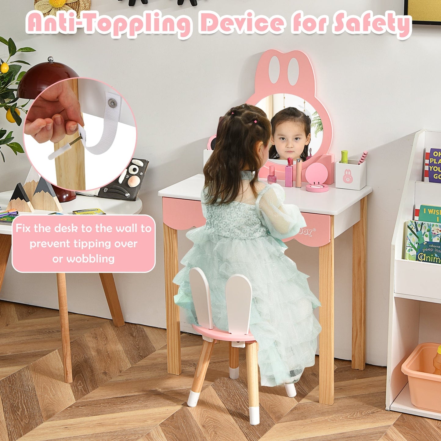 Ensemble de coiffeuse pour enfants avec chaise et miroir en forme de lapin - Blanc
