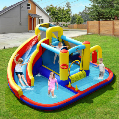Château Gonflable avec Toboggan Aquatique 7-en-1 et Piscine à Éclaboussures