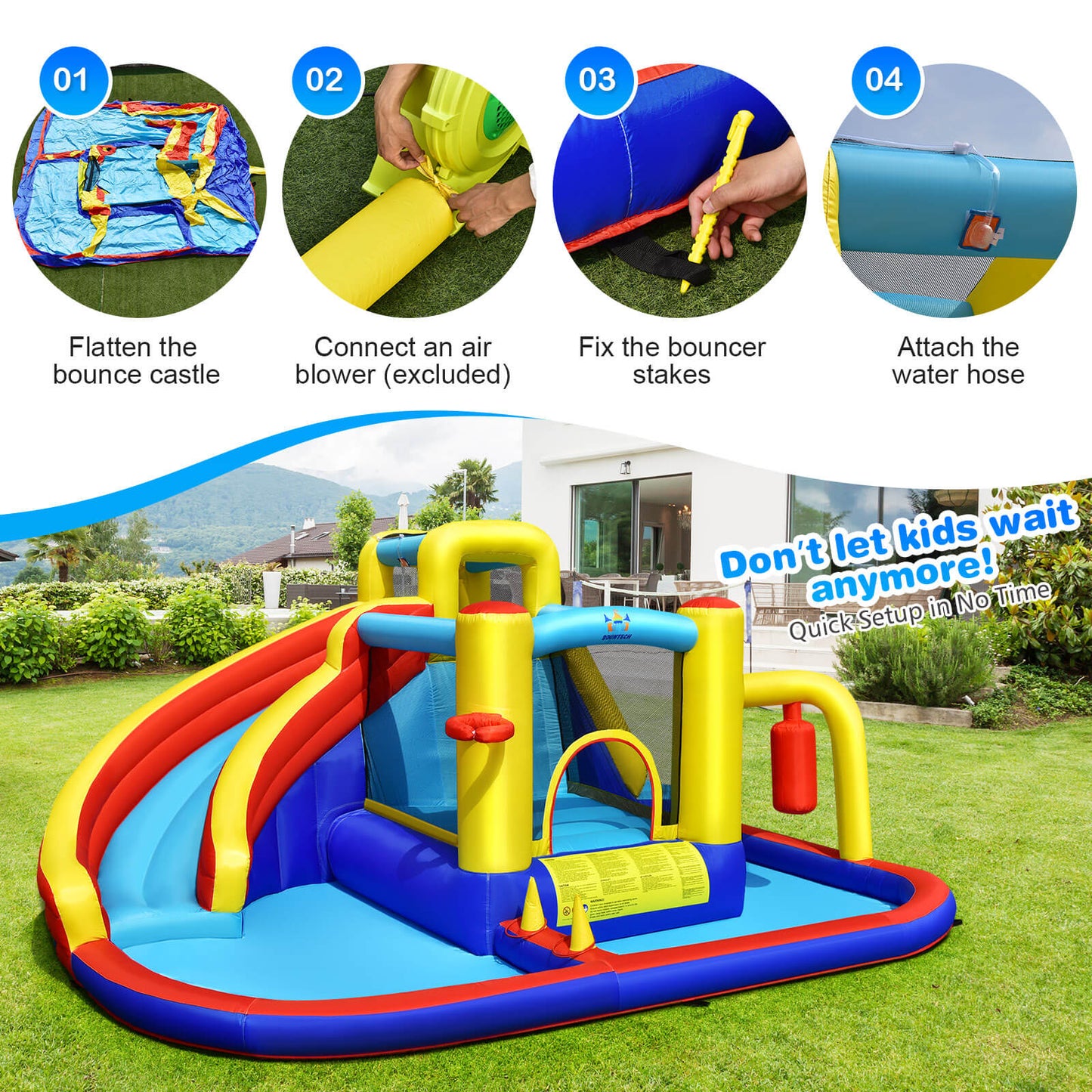 Castillo Inflable de Salto con Tobogán de Agua 7 en 1 con Piscina de Salpicaduras
