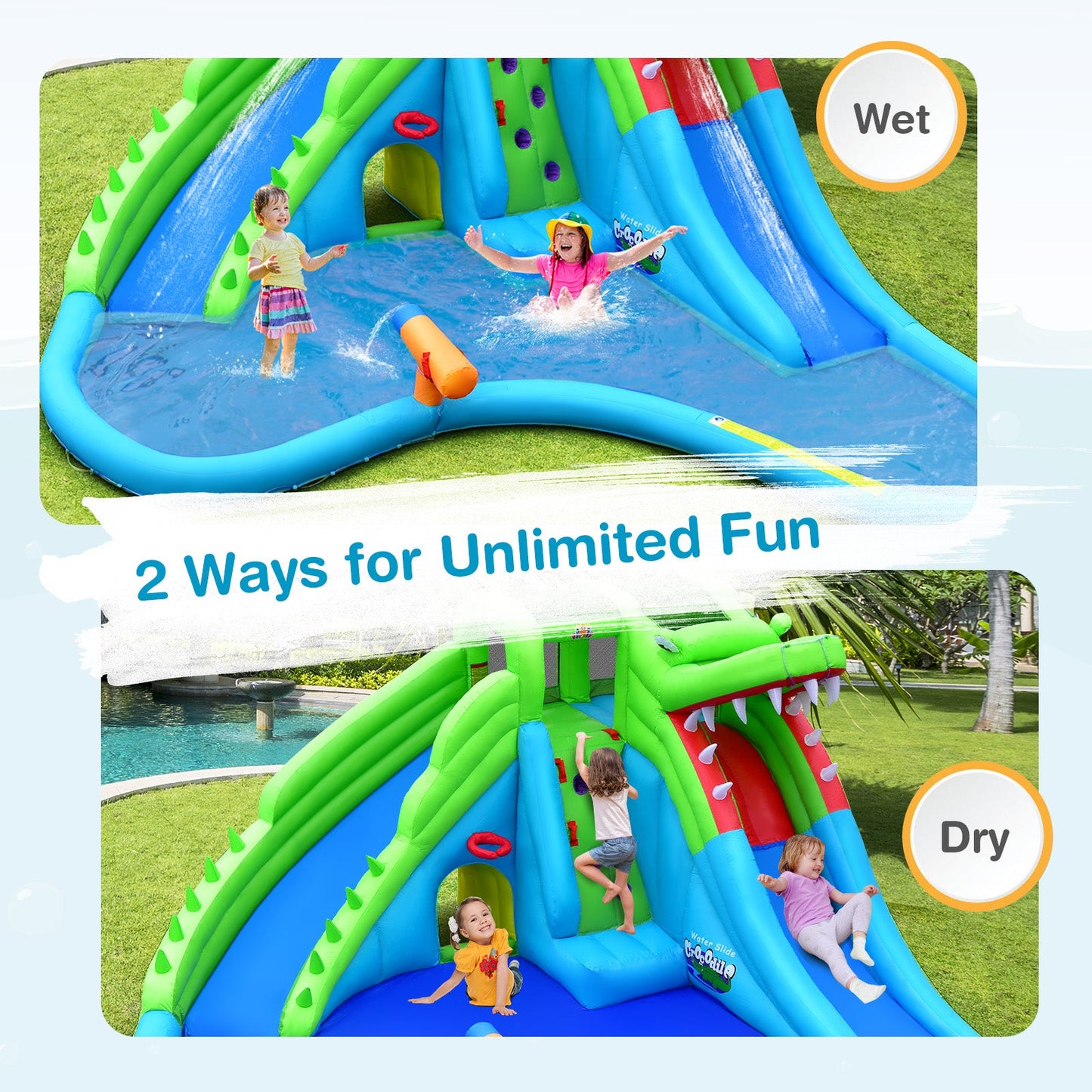 Tobogán de Agua Inflable Cocodrilo con Castillo Inflable y Ventilador