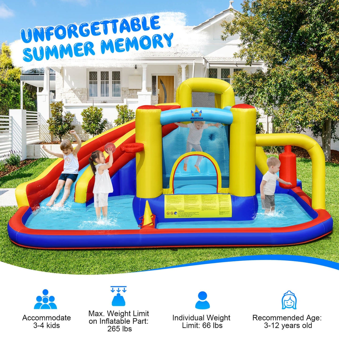 Toboggan aquatique gonflable 7-en-1 avec piscine à éclaboussures et souffleur d'air
