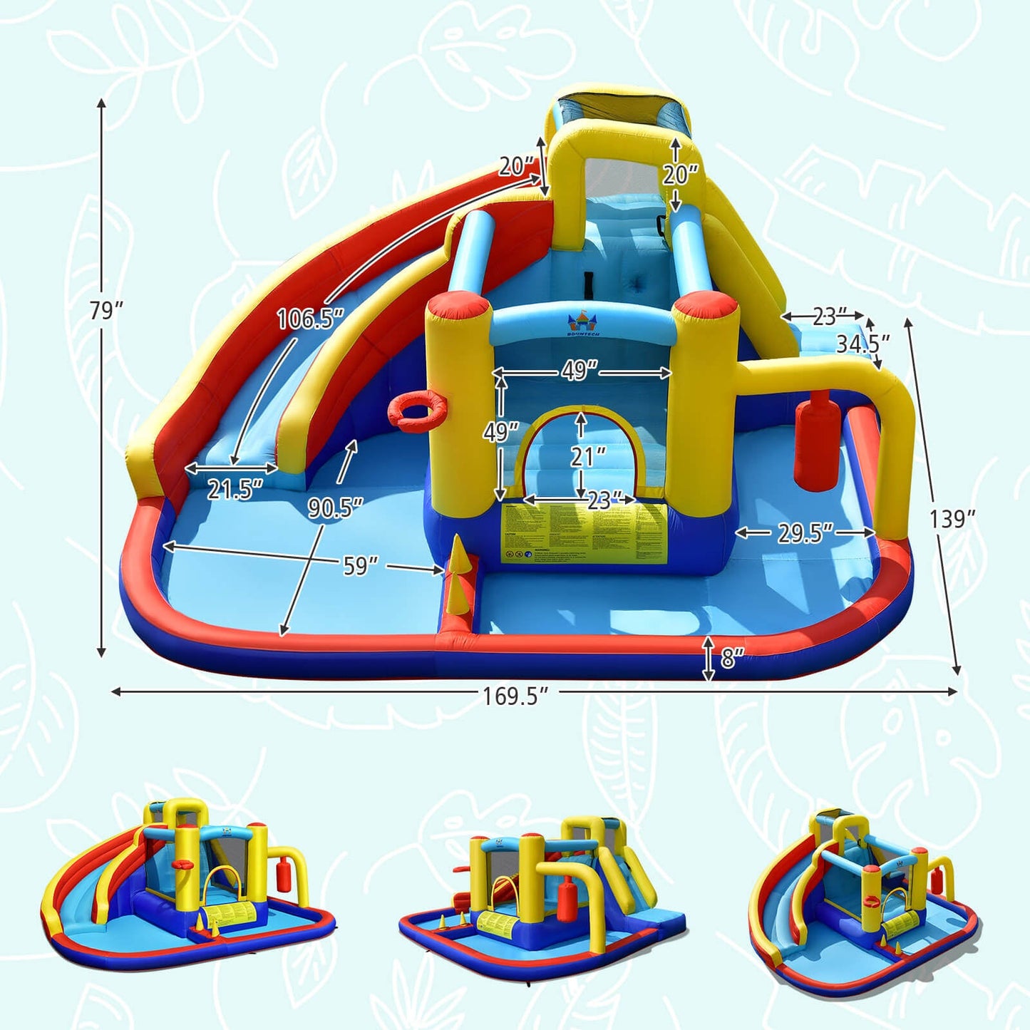 Toboggan aquatique gonflable 7-en-1 avec piscine à éclaboussures et souffleur d'air