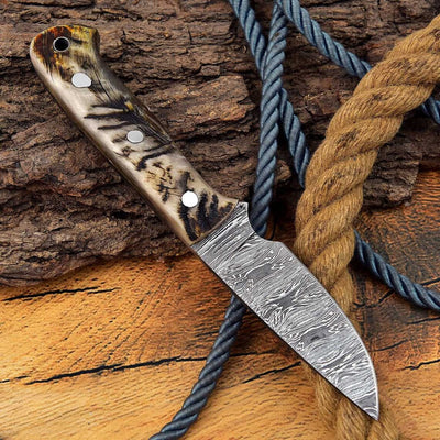 Premium Custom Skinning Knife with Damascus Steel Blade & Mountain Sheep Horn Handle - 7.25" - Korvel