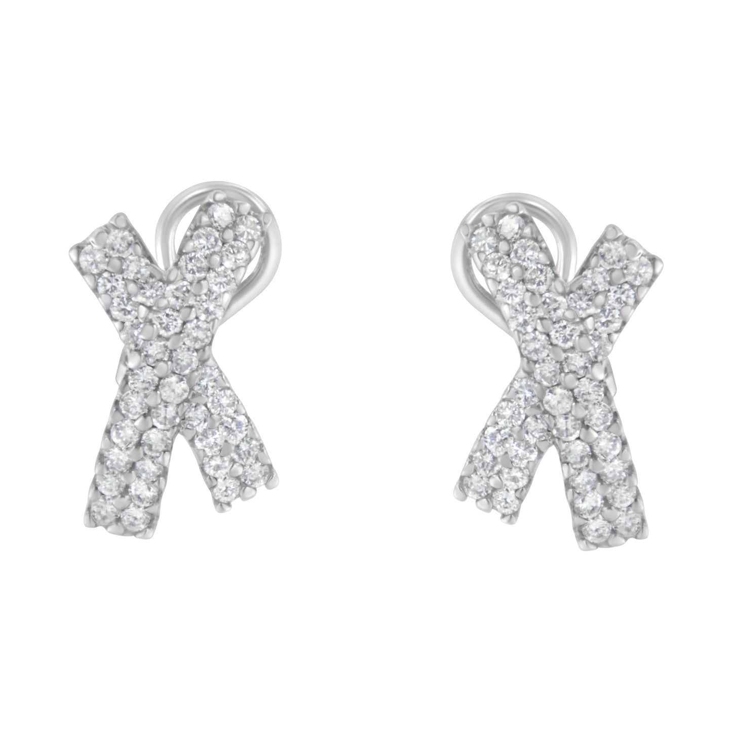 14K White Gold Diamond X-Shaped Omega Back Stud Earrings