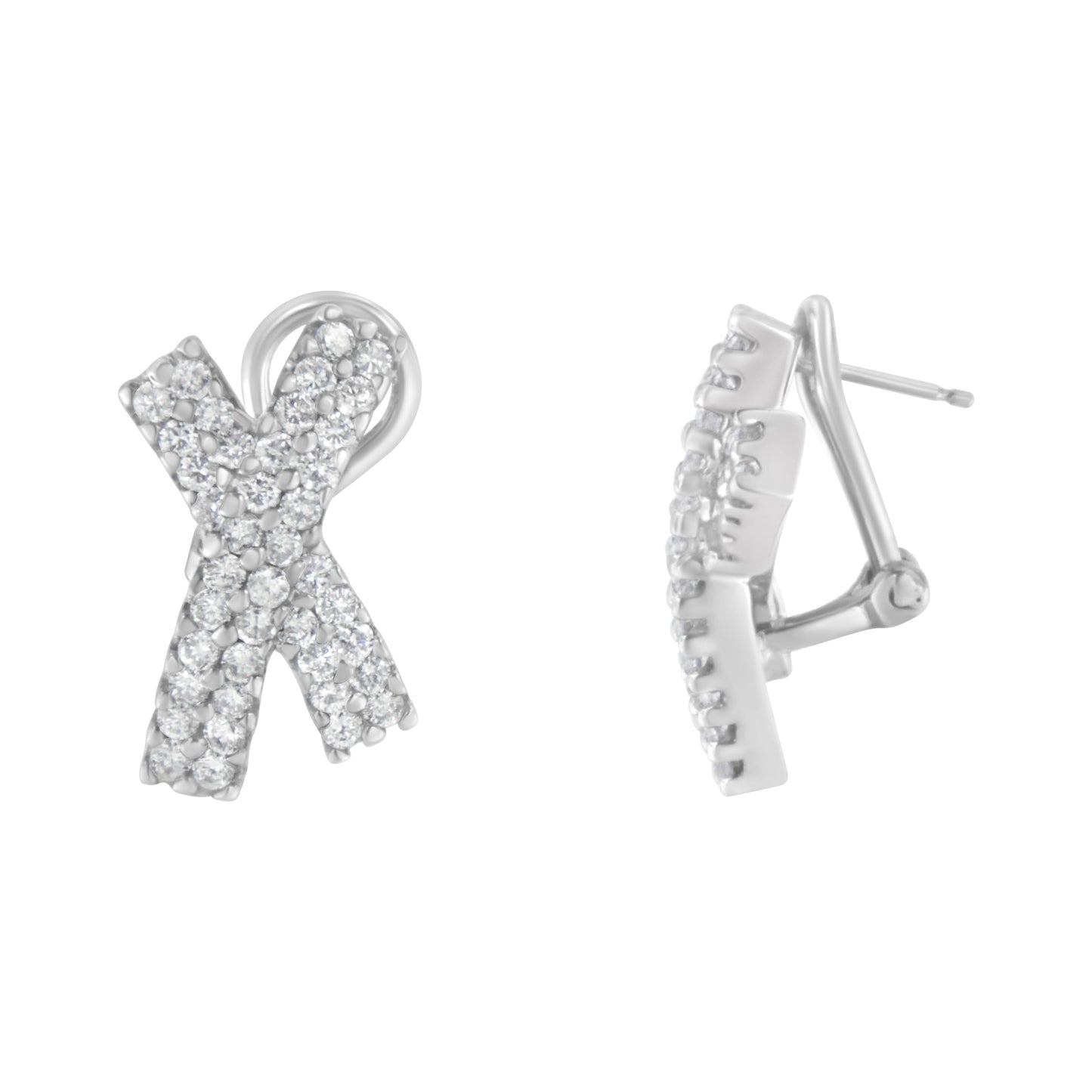 14K White Gold Diamond X-Shaped Omega Back Stud Earrings