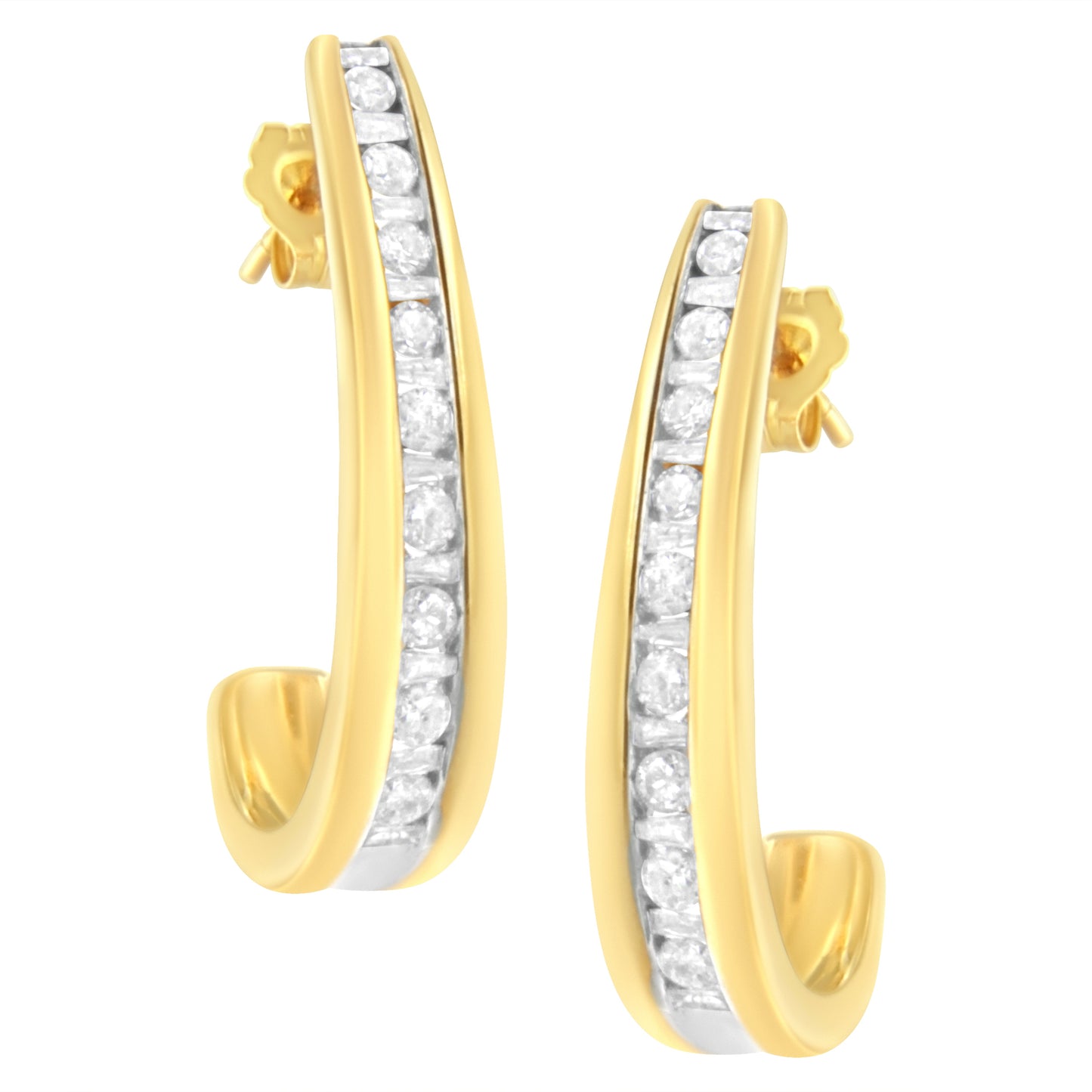 10K Yellow Gold Channel Set Diamond J-Hoop Earrings