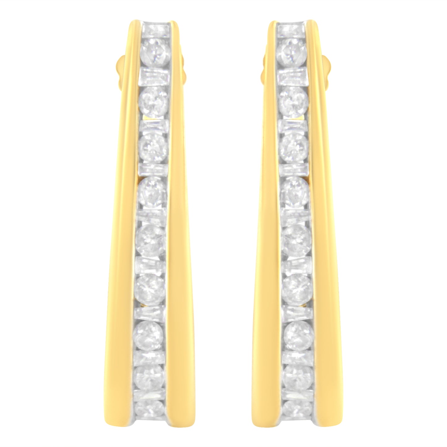 10K Yellow Gold Channel Set Diamond J-Hoop Earrings