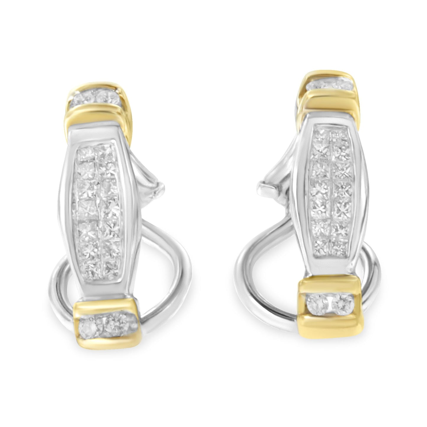 14K Two-Toned Gold Diamond Earrings with Round and Princess Cuts