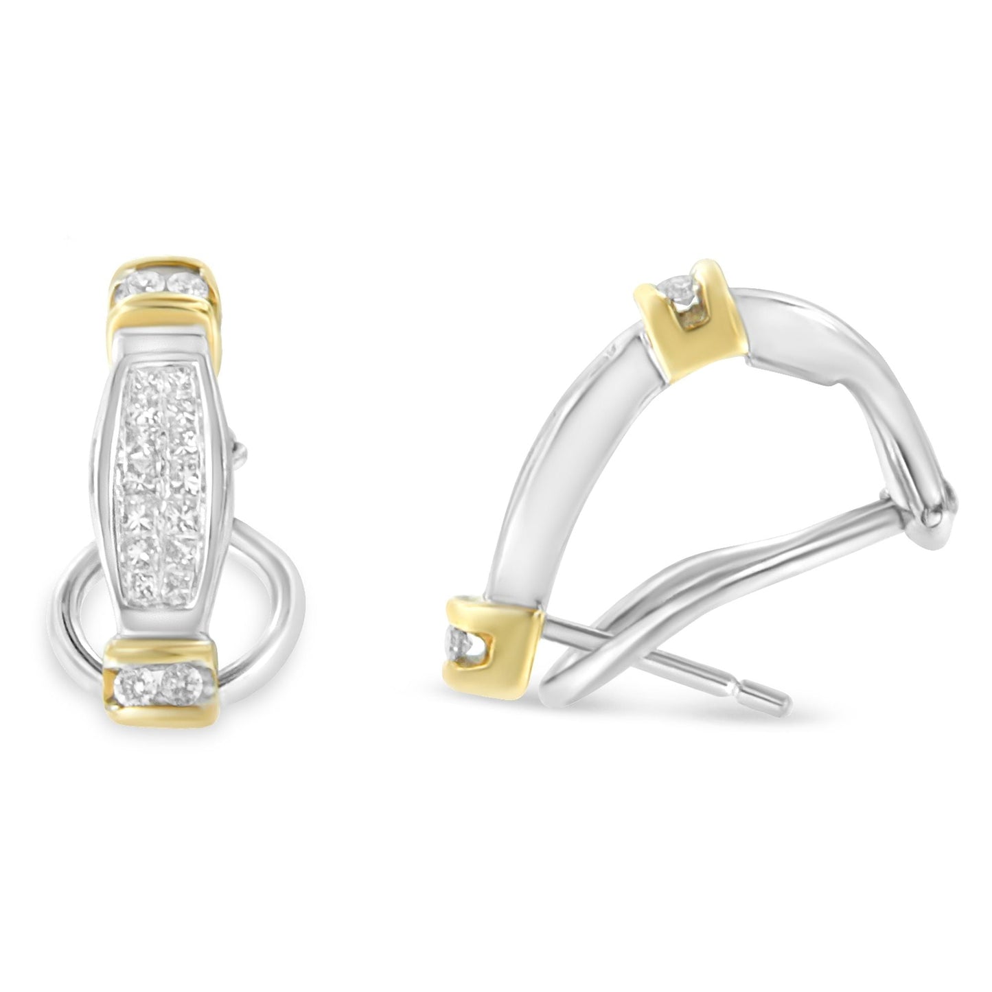 14K Two-Toned Gold Diamond Earrings with Round and Princess Cuts