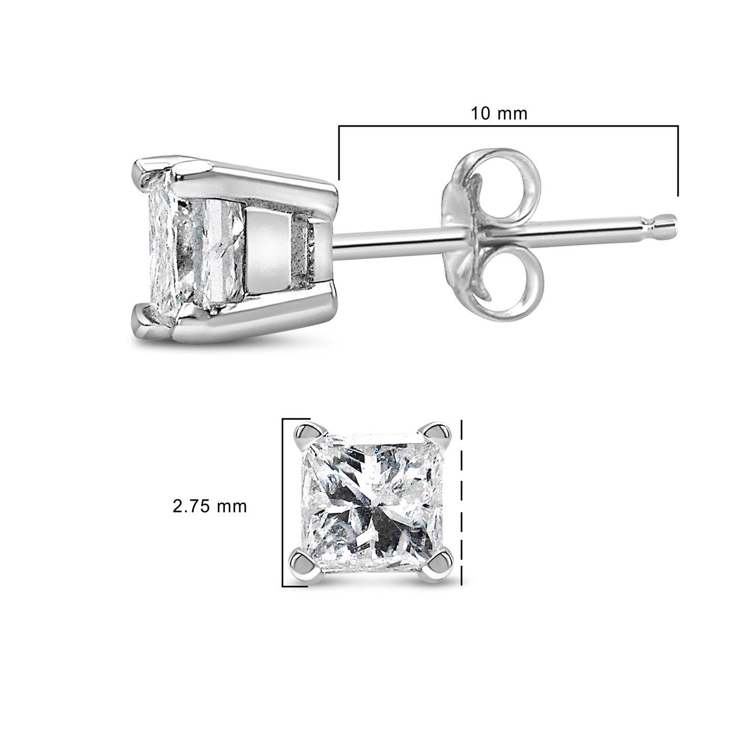 Pendientes de diamante en corte princesa de plata esterlina .925