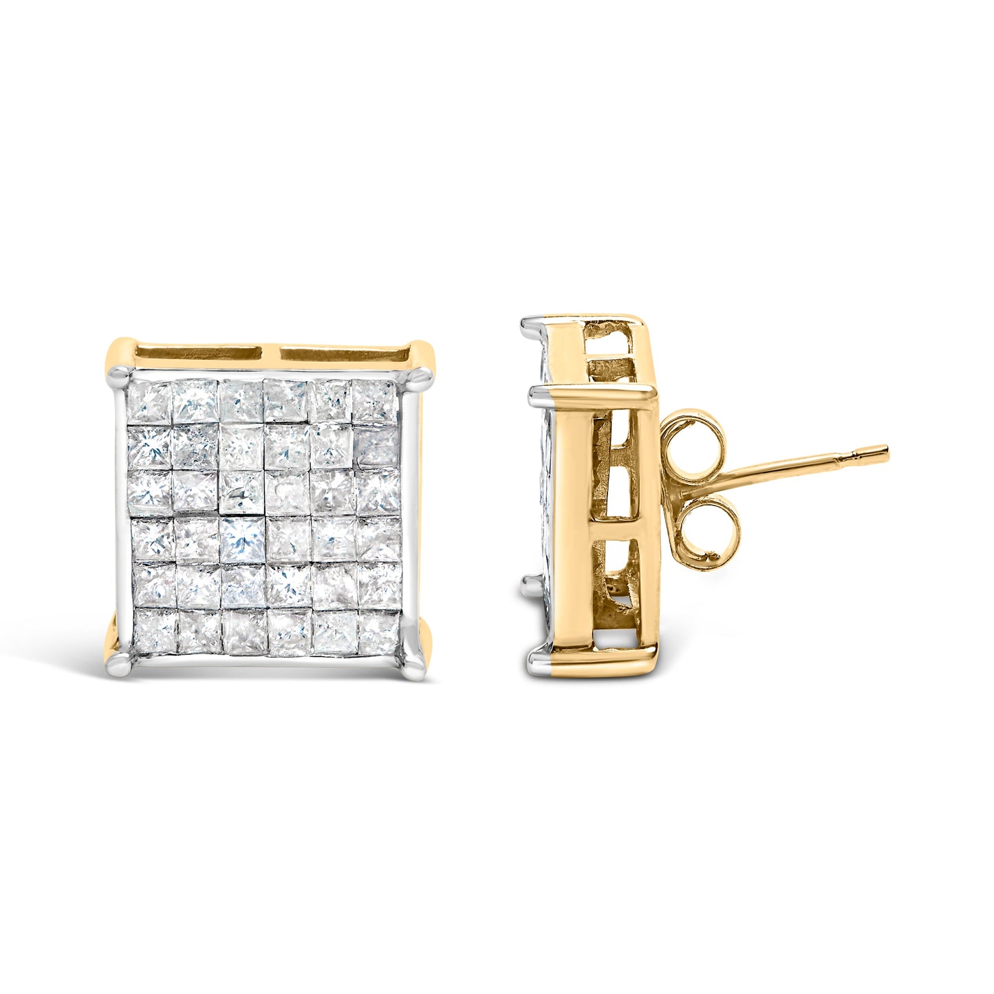 10K Yellow Gold Invisible-Set Princess-Cut Diamond Stud Earrings