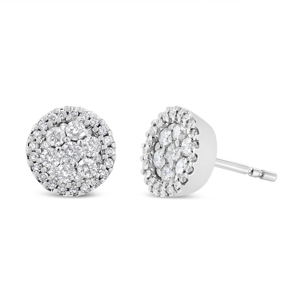 AGS Certified 14K White Gold Diamond Halo Cluster Stud Earrings