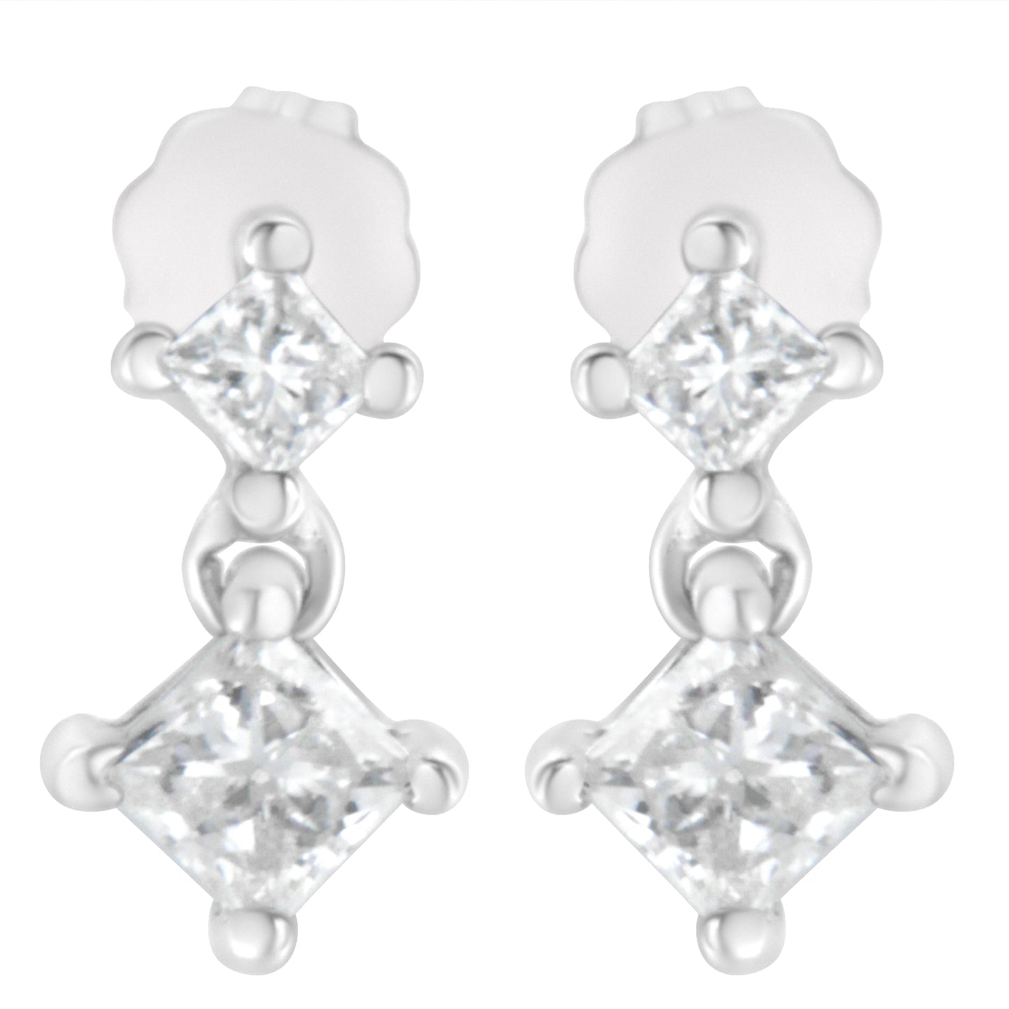 Pendientes de diamante en corte princesa de doble diamante en oro blanco de 14 quilates