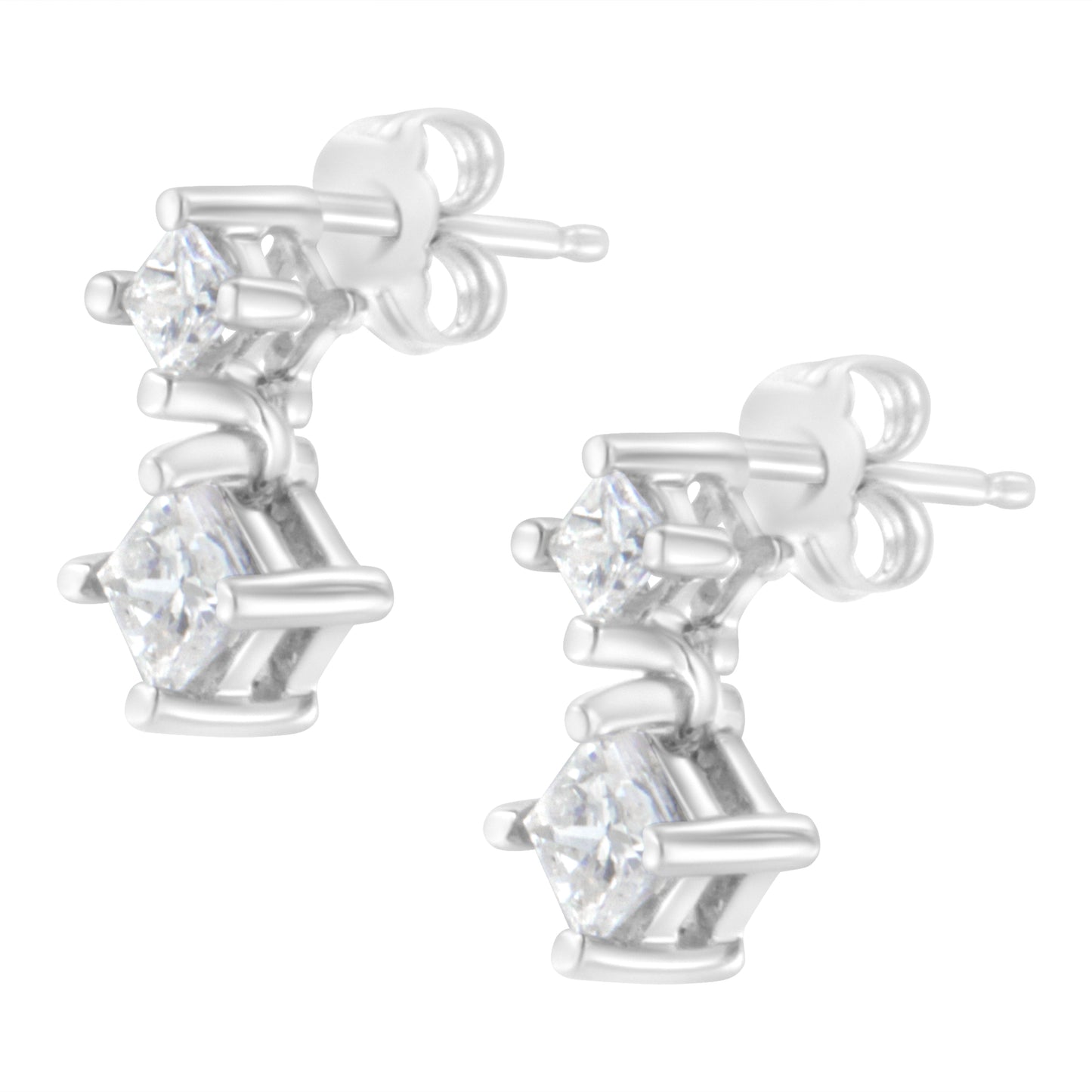 Pendientes de diamante en corte princesa de doble diamante en oro blanco de 14 quilates