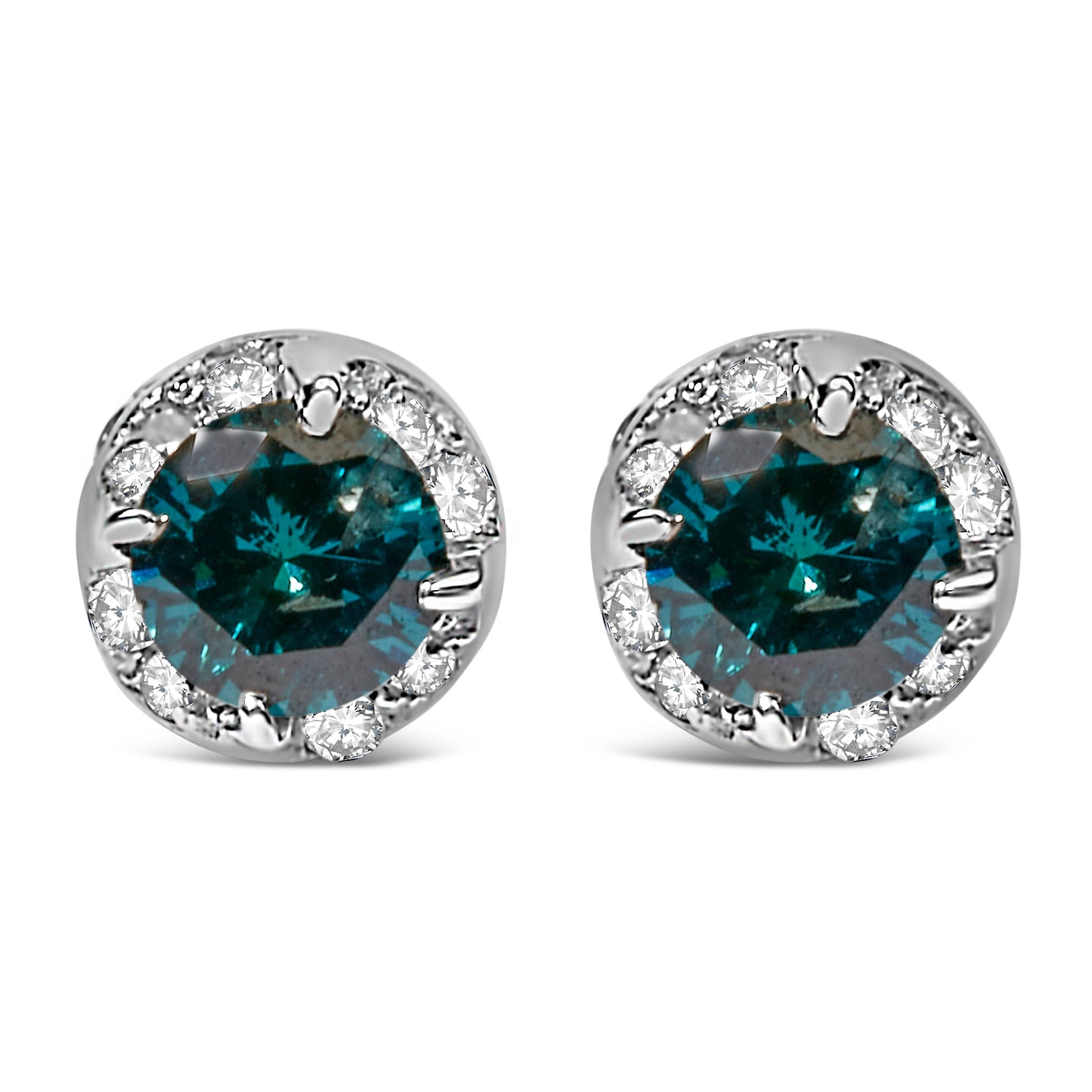 Pendientes de Diamante Redondo de Oro Blanco de 14K con Acento Azul
