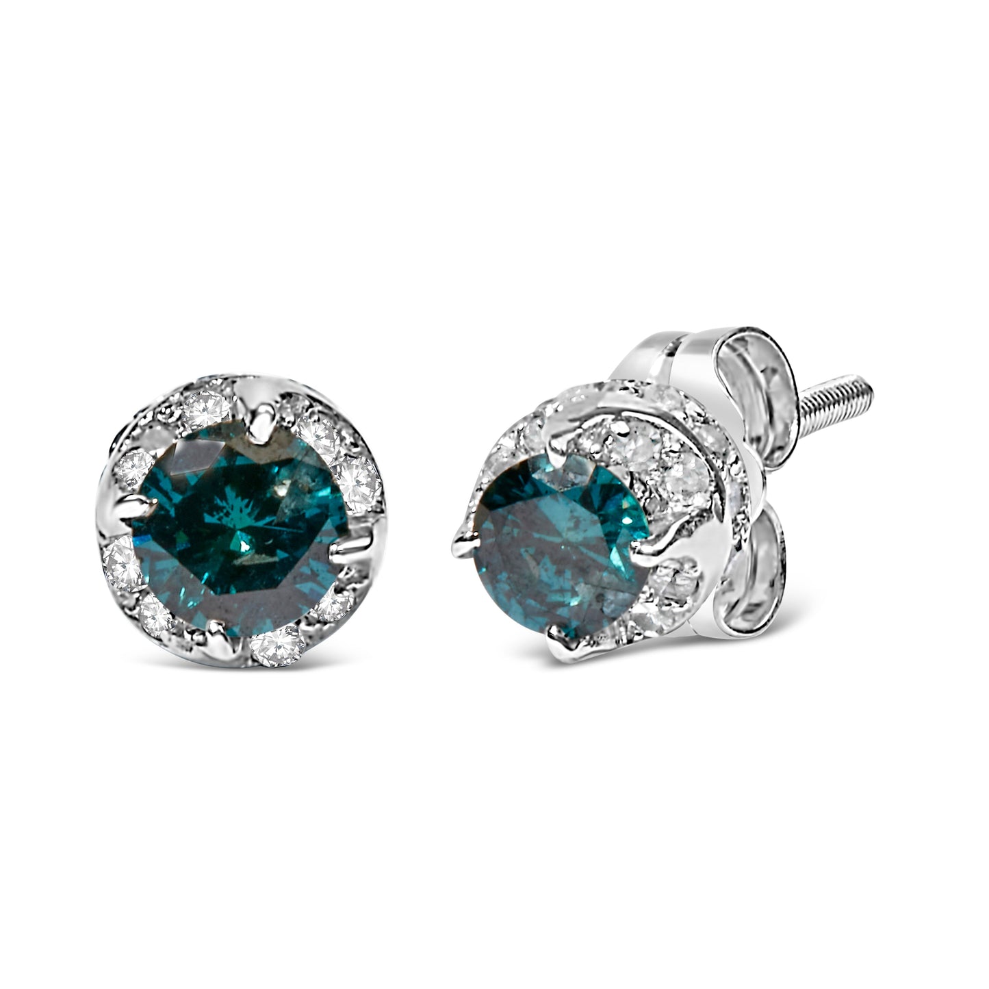 Pendientes de Diamante Redondo de Oro Blanco de 14K con Acento Azul