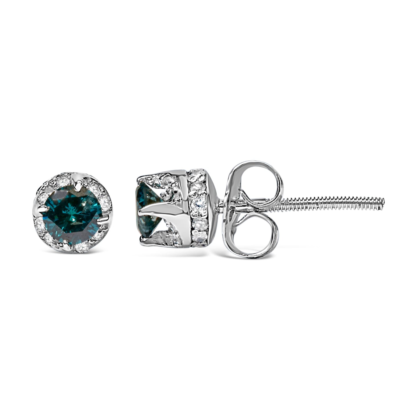 Pendientes de Diamante Redondo de Oro Blanco de 14K con Acento Azul
