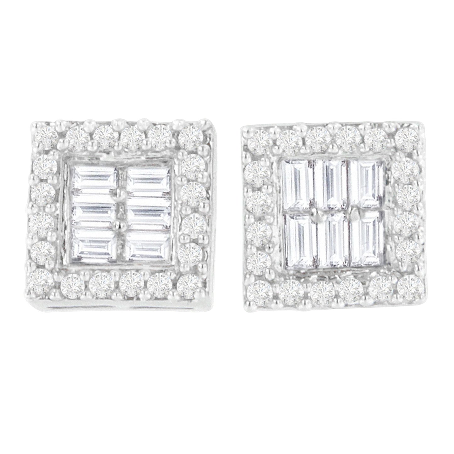 Pendientes de diamantes en oro blanco de 14 quilates con forma redonda y baguette