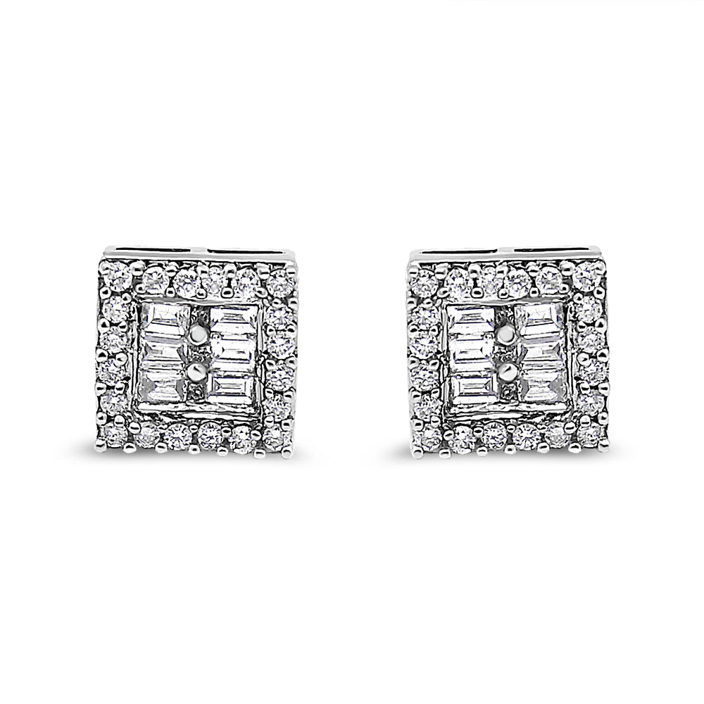 Pendientes de diamantes en oro blanco de 14 quilates con forma redonda y baguette