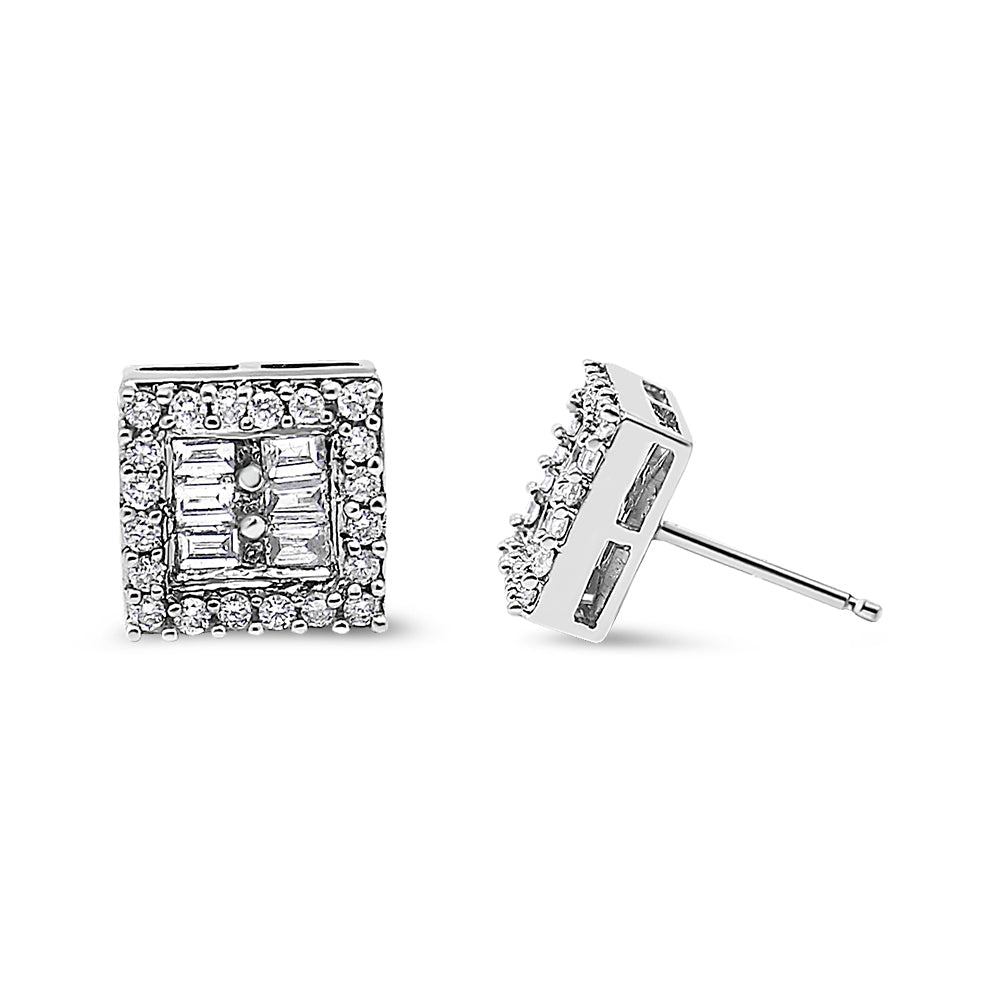 Pendientes de diamantes en oro blanco de 14 quilates con forma redonda y baguette