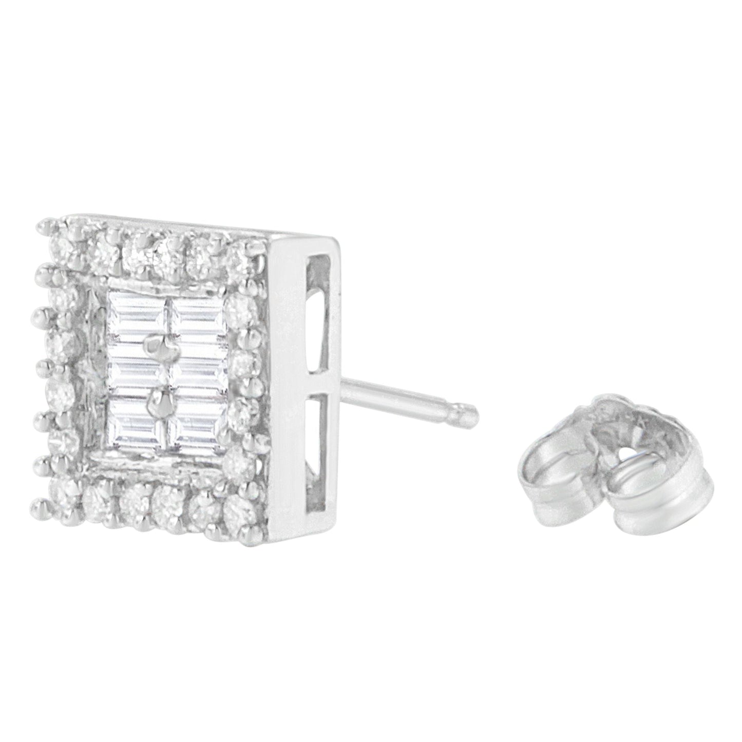 Pendientes de diamantes en oro blanco de 14 quilates con forma redonda y baguette