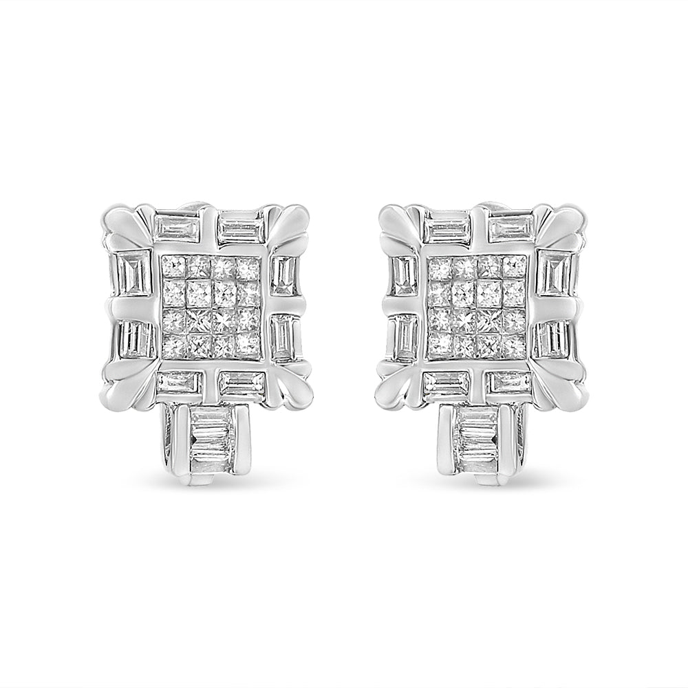 Pendientes de aro huggie en oro blanco de 14K con diamantes enmarcados en cuadrado