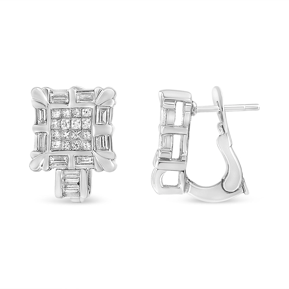 Pendientes de aro huggie en oro blanco de 14K con diamantes enmarcados en cuadrado