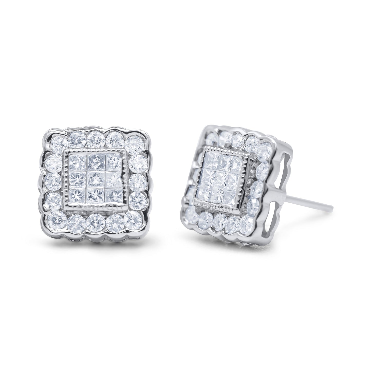 Pendientes de Stud Halo de Diamante en Oro Blanco de 14K