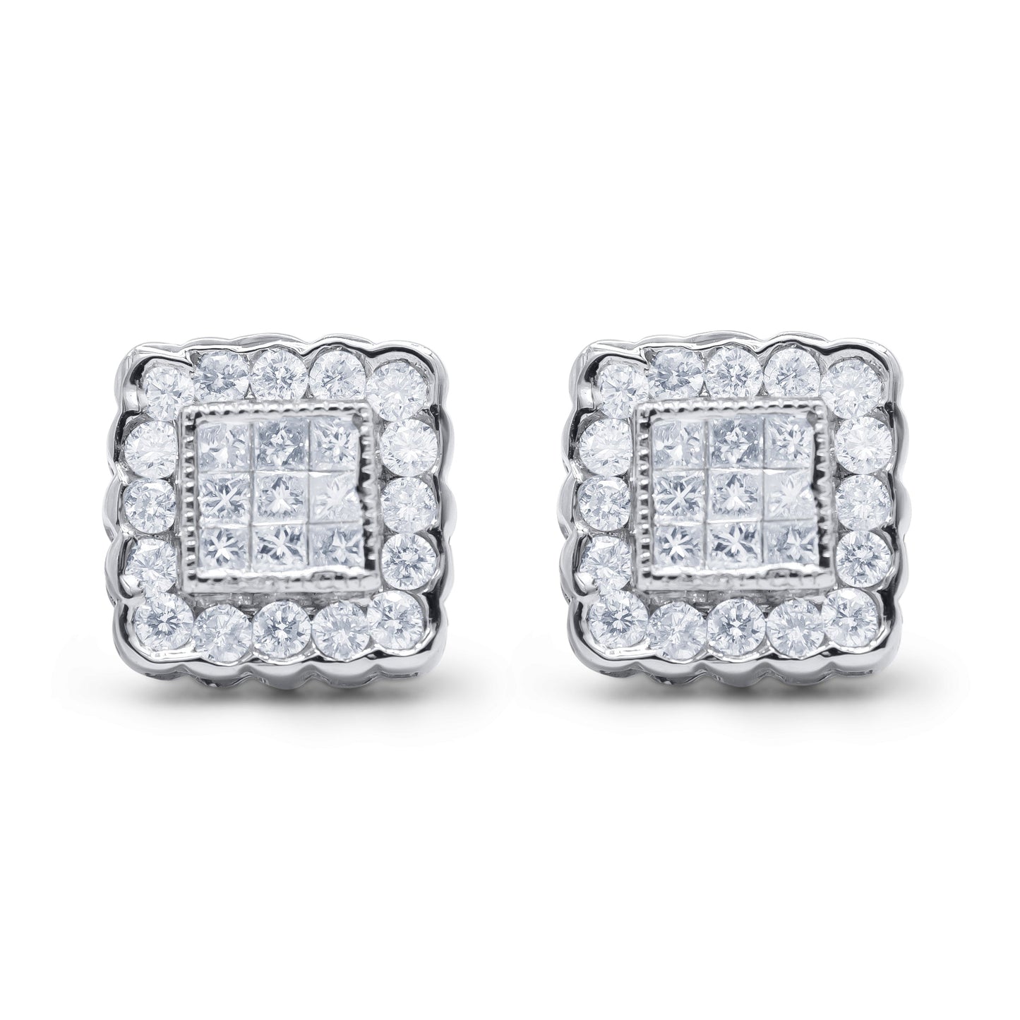 Pendientes de Stud Halo de Diamante en Oro Blanco de 14K