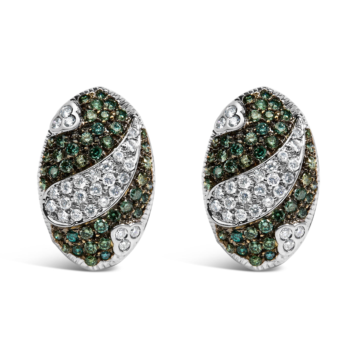 Pendientes Omega de Escudo Ovalado en Oro Blanco de 14K con Diamantes Azules y Blancos