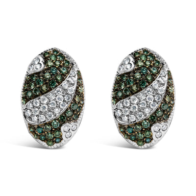 14K White Gold Oval Shield Omega Back Earrings with Blue and White Diamonds