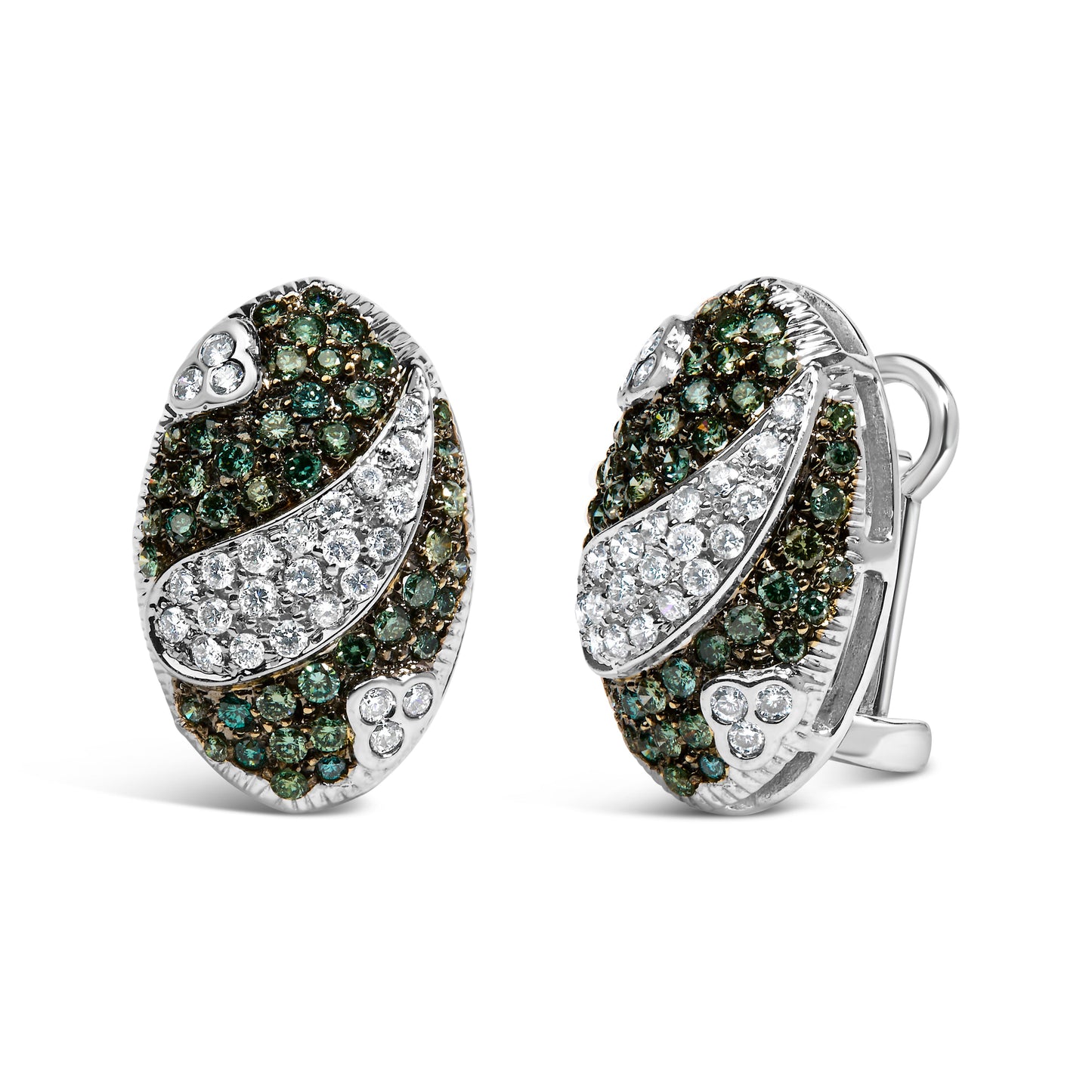 Pendientes Omega de Escudo Ovalado en Oro Blanco de 14K con Diamantes Azules y Blancos
