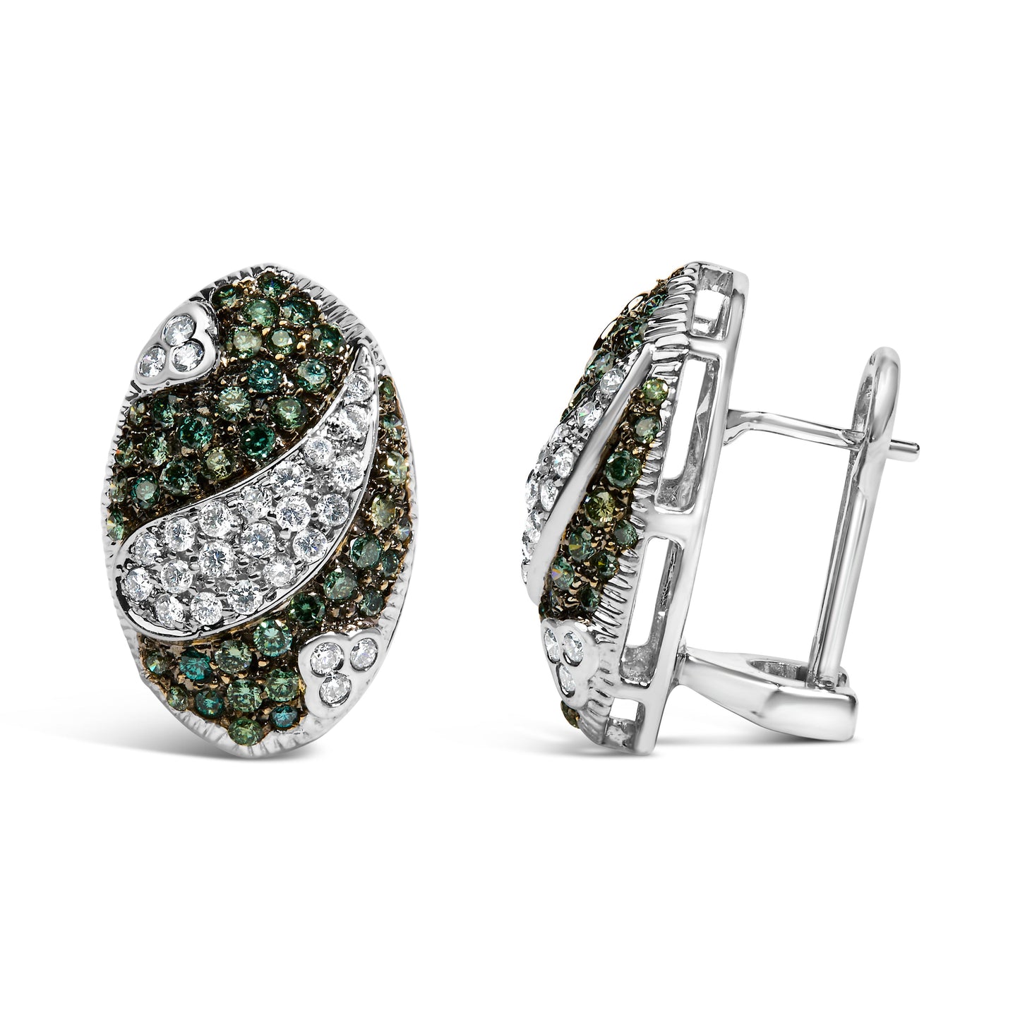Pendientes Omega de Escudo Ovalado en Oro Blanco de 14K con Diamantes Azules y Blancos