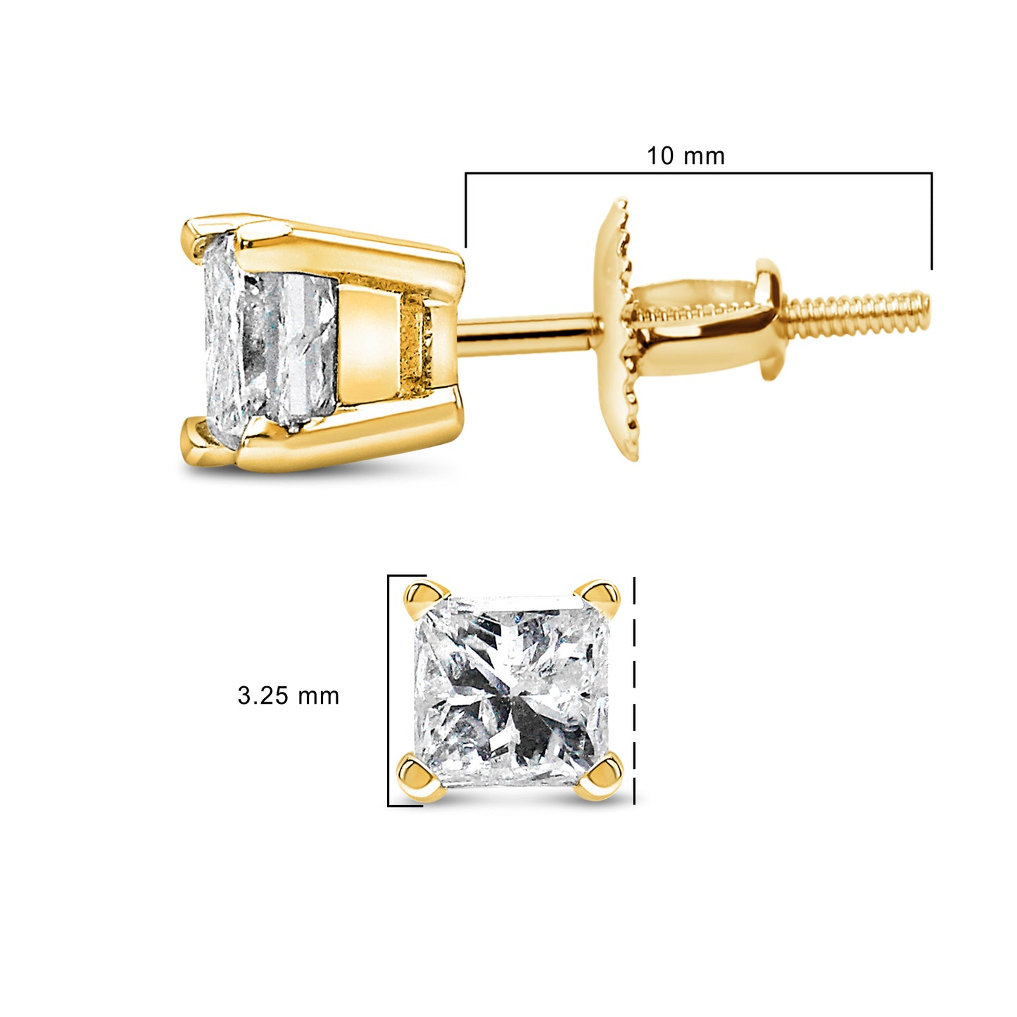 Boucles d'oreilles en diamant solitaire taille princesse en or jaune 14K